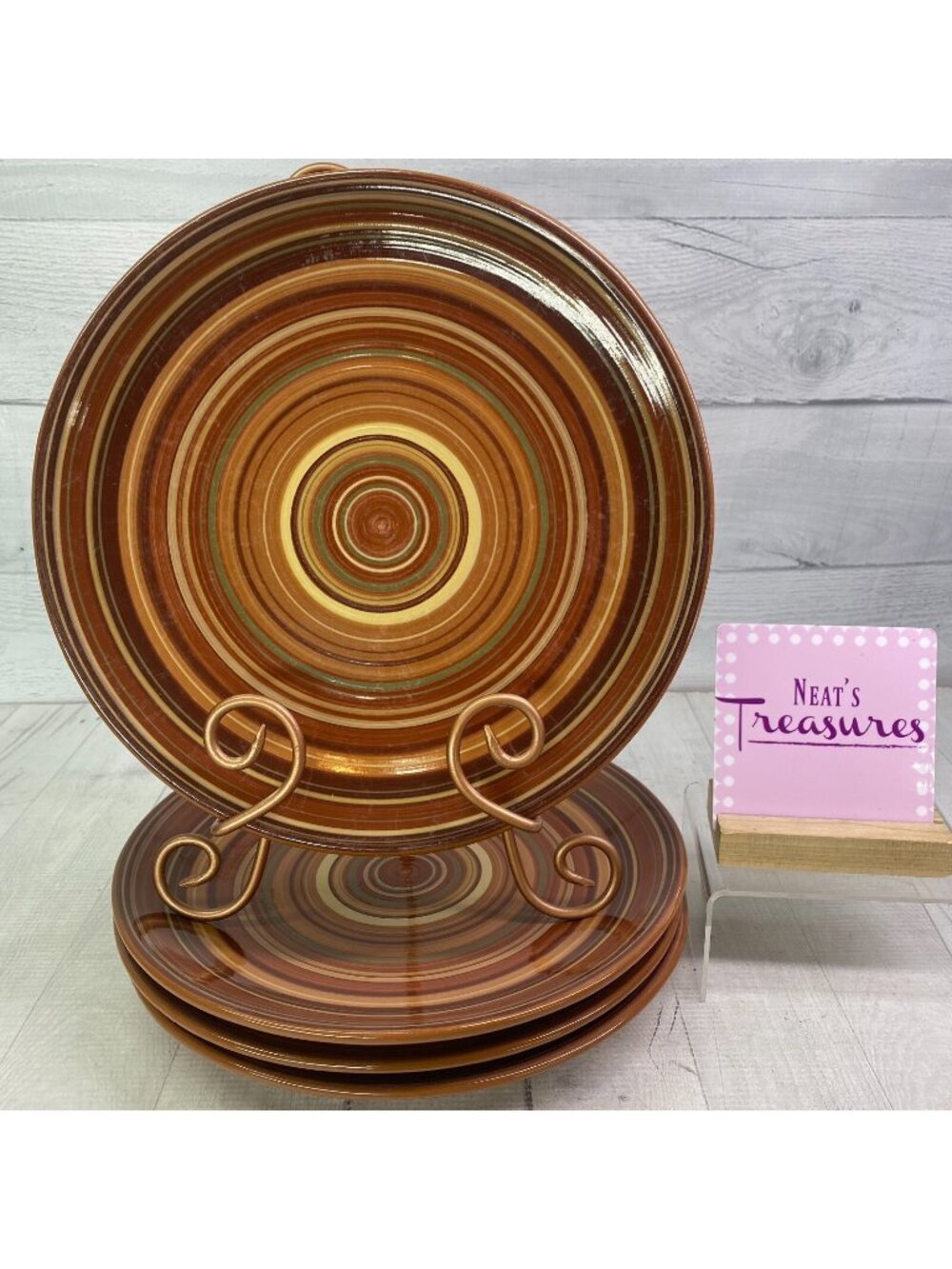 Raymond Waites Certified Intl RONDO Brown Rust Yellow Rings Dinner Plate Set 4